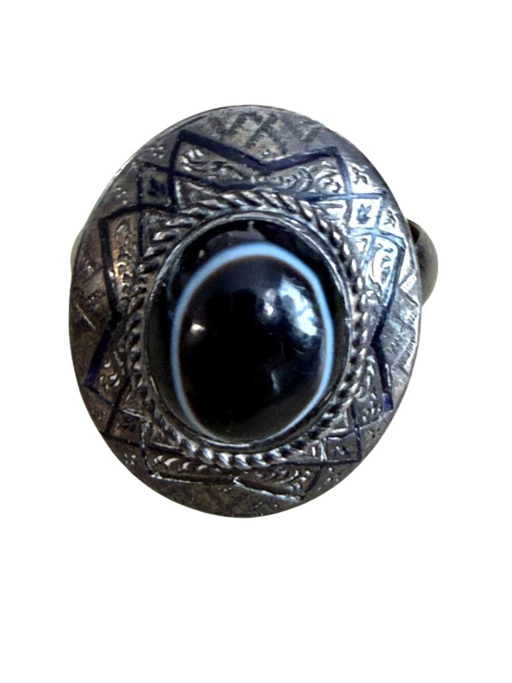 Vintage 925 Sterling Silver Ring Black Agate Cabochon, Etched Size 9.5, 8 grams